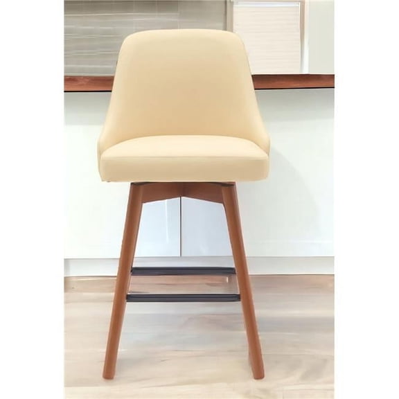 HomeRoots 534480 26 in. Cream & Wood Brown Faux Leather with Solid Wood Swivel Counter Height Bar Chair