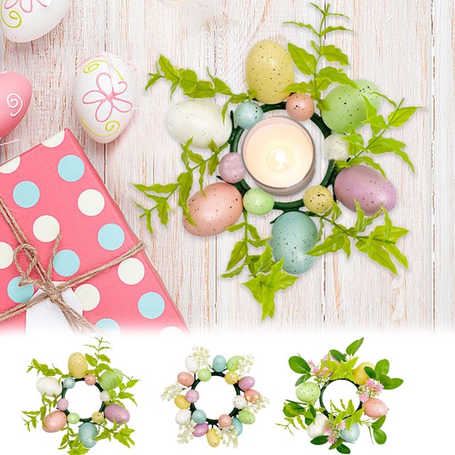 Anillos de vela de huevo de Pascua Allowith, coronas de primavera, anillos de vela de huevo y bayas de pepita, portavelas de huevo de Pascua artificial, mini coronas anchas para Pascua, primavera,