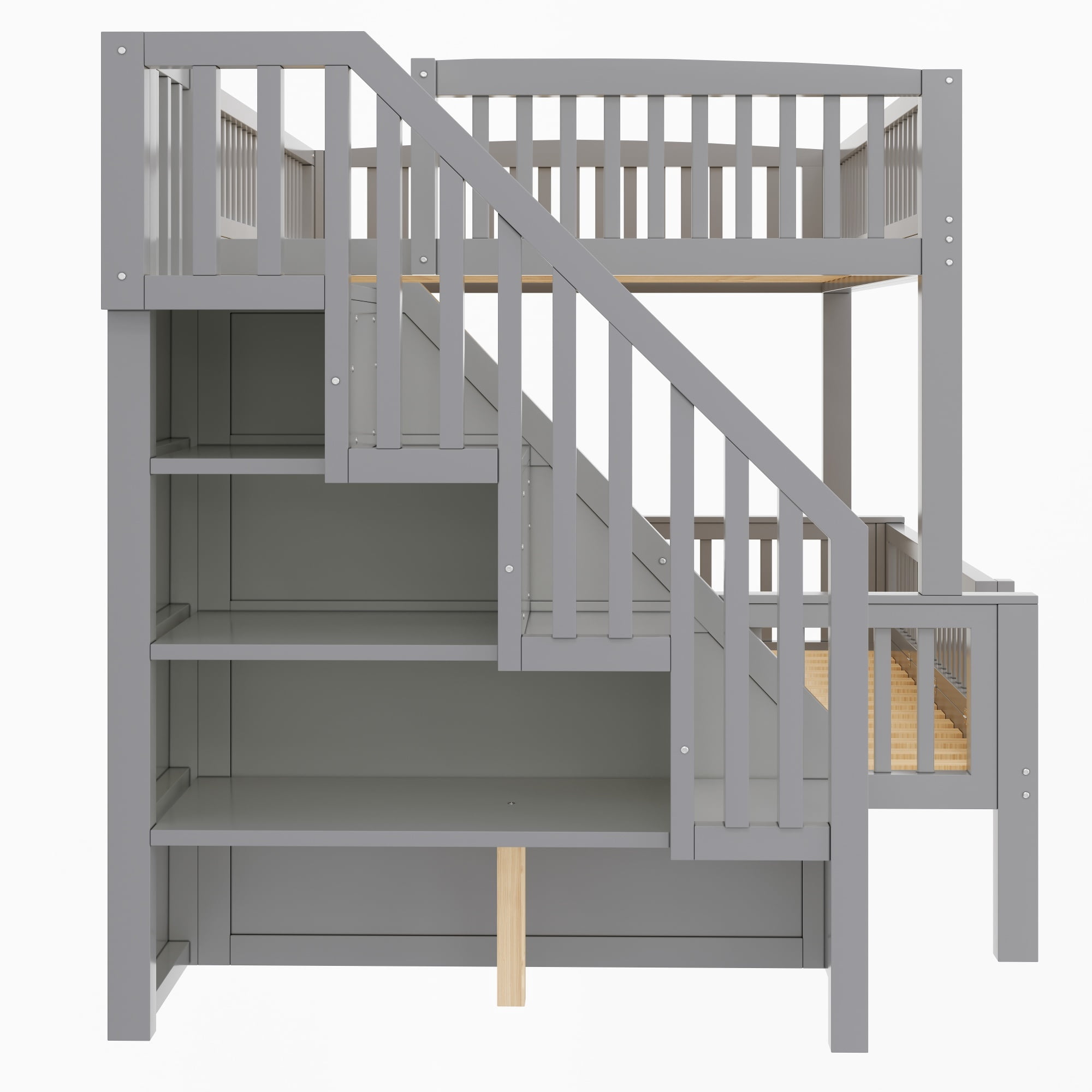 Euroco Wood Full XL over Queen Size Bunk Bed with Storage Staircase, LED Light Shelves and Guardrails, Grey