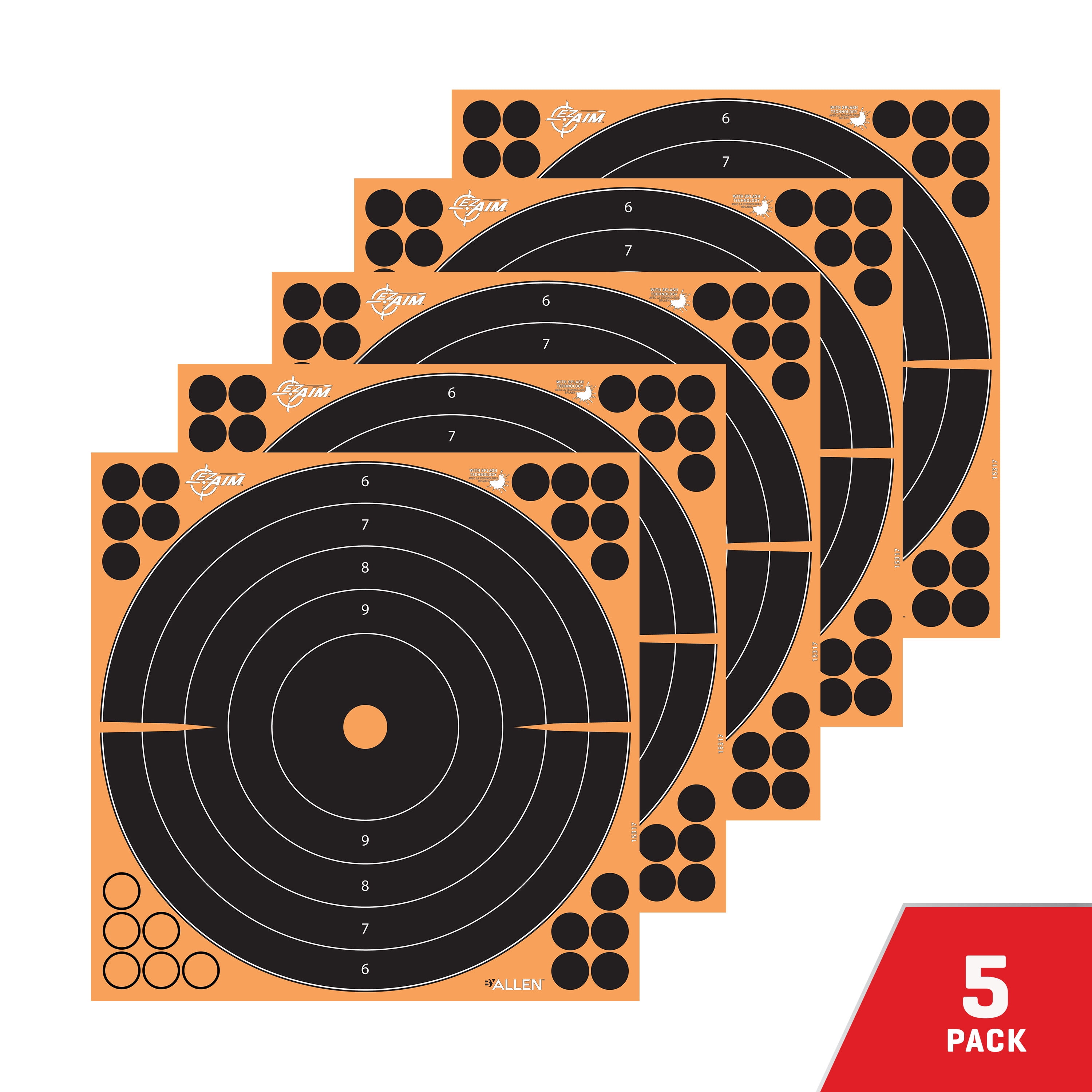 EZ Aim Splash® Reactive Adhesive Paper Shooting Targets, Bullseye, 12" Square, 10-Pack, Black/Orange