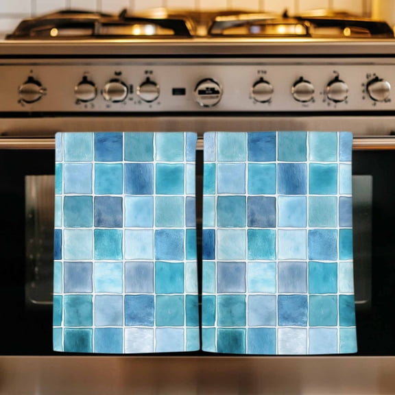 Teal Blue Checkered Kitchen Towels Set of 2, Farmhouse Plaid Buffalo Elegant Geometric Absorbent Dish Towels for Kitchen, Microfiber Hand Towel, Quick Drying Tea Towel for Cleaning Dishcloths