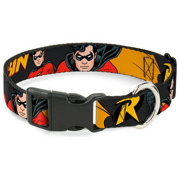 DC Comics Pet Collar, Dog Collar Plastic Buckle, Robin Red Black Poses Gray, 7 to 8.5 Inches 0.5 Inch Wide