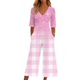 thumbnail image 2 of Baggy Jumpsuits For Women Summer Short Sleeve Overalls V Neck Loose Wide Leg Floral One Piece Rompers With Pockets Pink M, 2 of 6