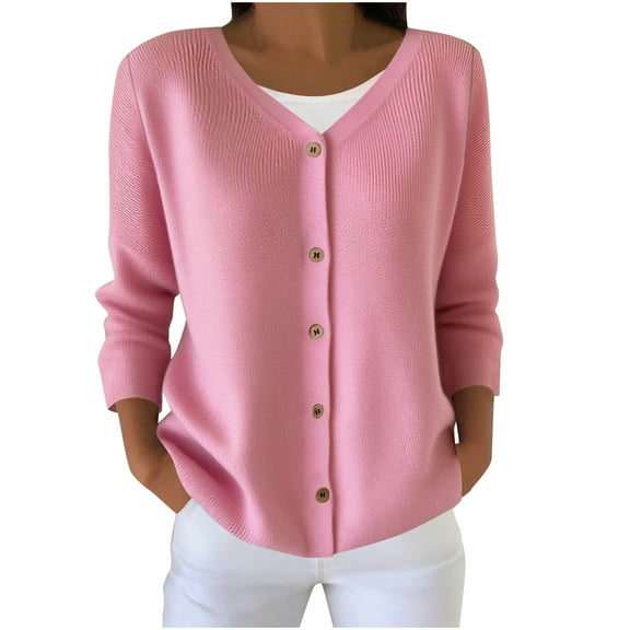 BXINGOHAI Long Sleeve Crewneck Button Down Womens Sweaters Fall Open Front Chunky Cardigan Sweaters for Women Pink S