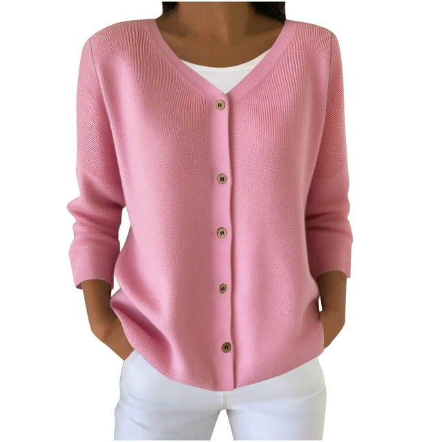 HongQid Women's Button Down Crew Neck Long Sleeve Soft Knit Cardigan Sweater