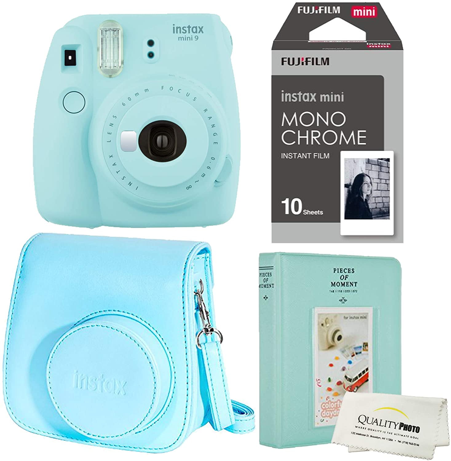 nemen Nadeel lied Fujifilm Instax Mini 9 Ice Blue Instant Camera Plus Original Fuji Case,  Photo Album and Fujifilm Monochrome 10 Films - Walmart.com