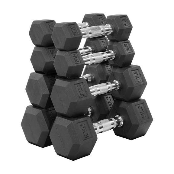 FlexWave Rubber Encased Hex Dumbbell Set – 70LB/80LB/90LB/110LB/120LB/130LB/140LB/160LB Total Weight, Black, Solid Cast Iron with Non-Slip Grip for Strength Training and Home Gym