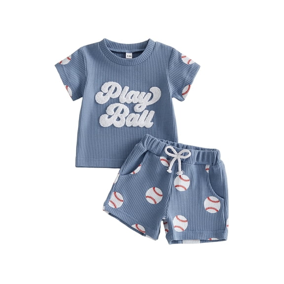 BemeyourBBs Toddler Baby Boys Baseball Outfits Waffle Knit Summer Clothes Short Sleeve Letter Embroidery T Shirt Tops and Shorts Set