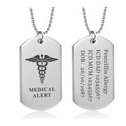 Personalized Medical Alert Necklace for Men, Custom Laser Engraving, Stainless Steel Medical Army Dog Tag Pendant with 24” Chain, Emergency Medical Card