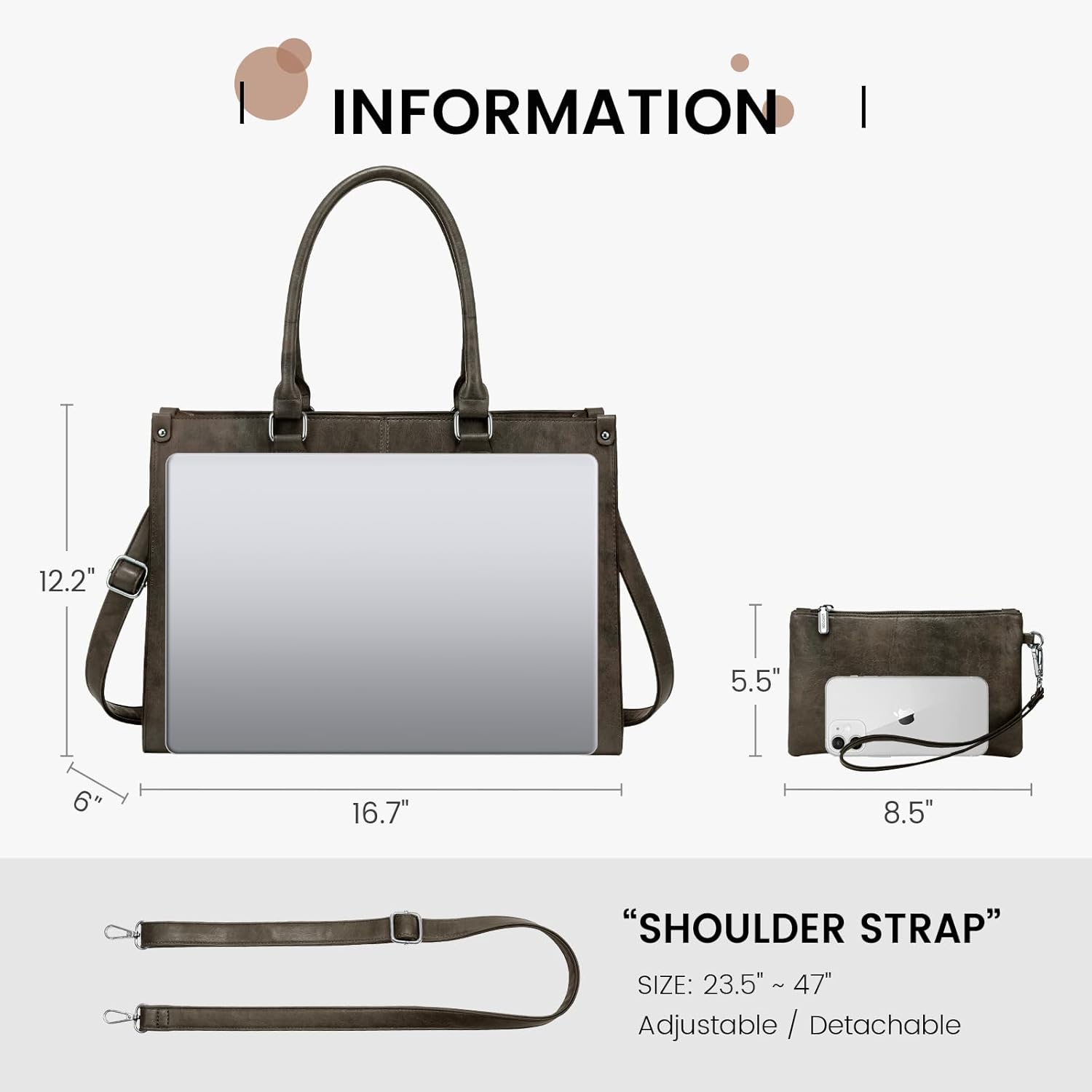 LOVEVOOK Laptop Tote Bag for Women, 15.6 Inch Large Capacity Vintage Leather Work Computer Bag, Business Casual Shoulder Handbag, Dark Brown
