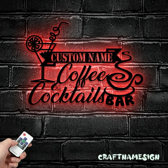 Craftnamesign Custom Name Cocktail And Coffee Bar Metal Wall Art LED Light, Coffee Shop Decor