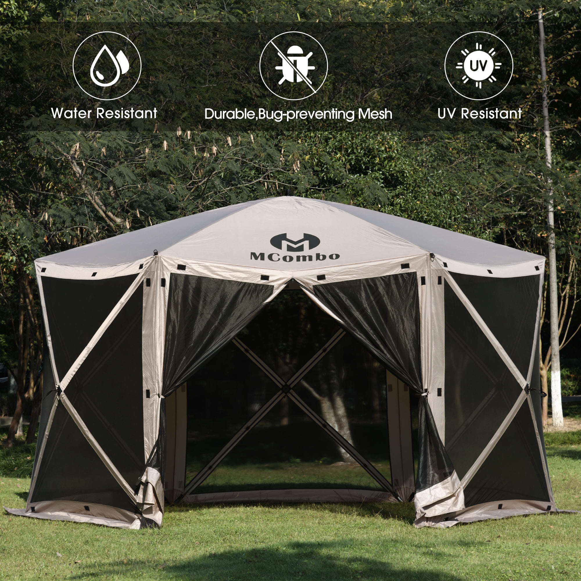 MCombo 6-Sided Gazebo Portable Pop up Tent Canopy for Party (6-8 Persons), Tan 1024