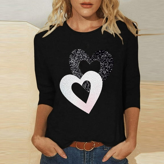 HaoXianJian Valentine's Day Shirt for Women Glitter Love Heart Printed T-Shirt Top 3/4 Sleeve Tee Crew Neck Casual Blouse Tops Size S-2X