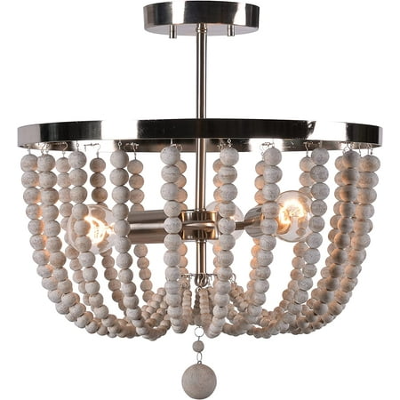 

KUSONG 93136BS Dumas 3 Light Semi Flushs 17 Inch Height 16 Inch Diameter Brushed Steel Finish w/Distressed White Wood Beads