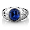 thumbnail image 3 of Gem Stone King Men's 925 Sterling Silver Oval Blue Created Sapphire Ring | 6.13 Cttw | Oval 12X10MM | Available 7,8,9,10,11,12,13, 3 of 5
