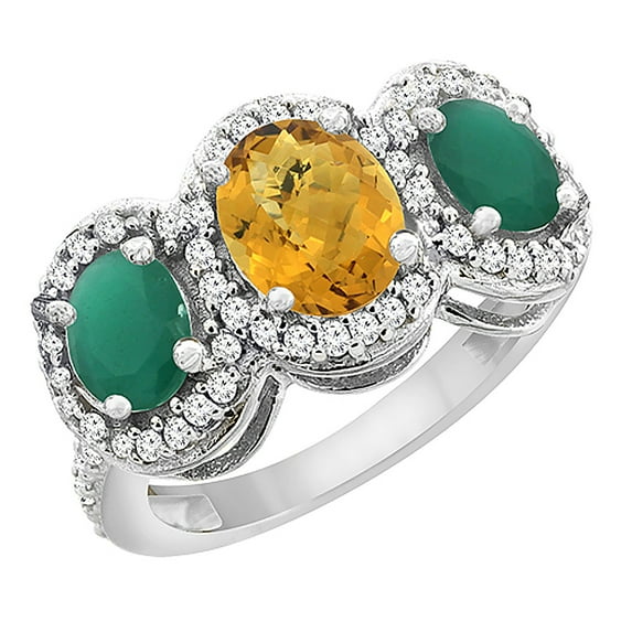 10K White Gold Natural Whisky Quartz & Emerald 3-Stone Ring Oval Diamond Accent, size 8