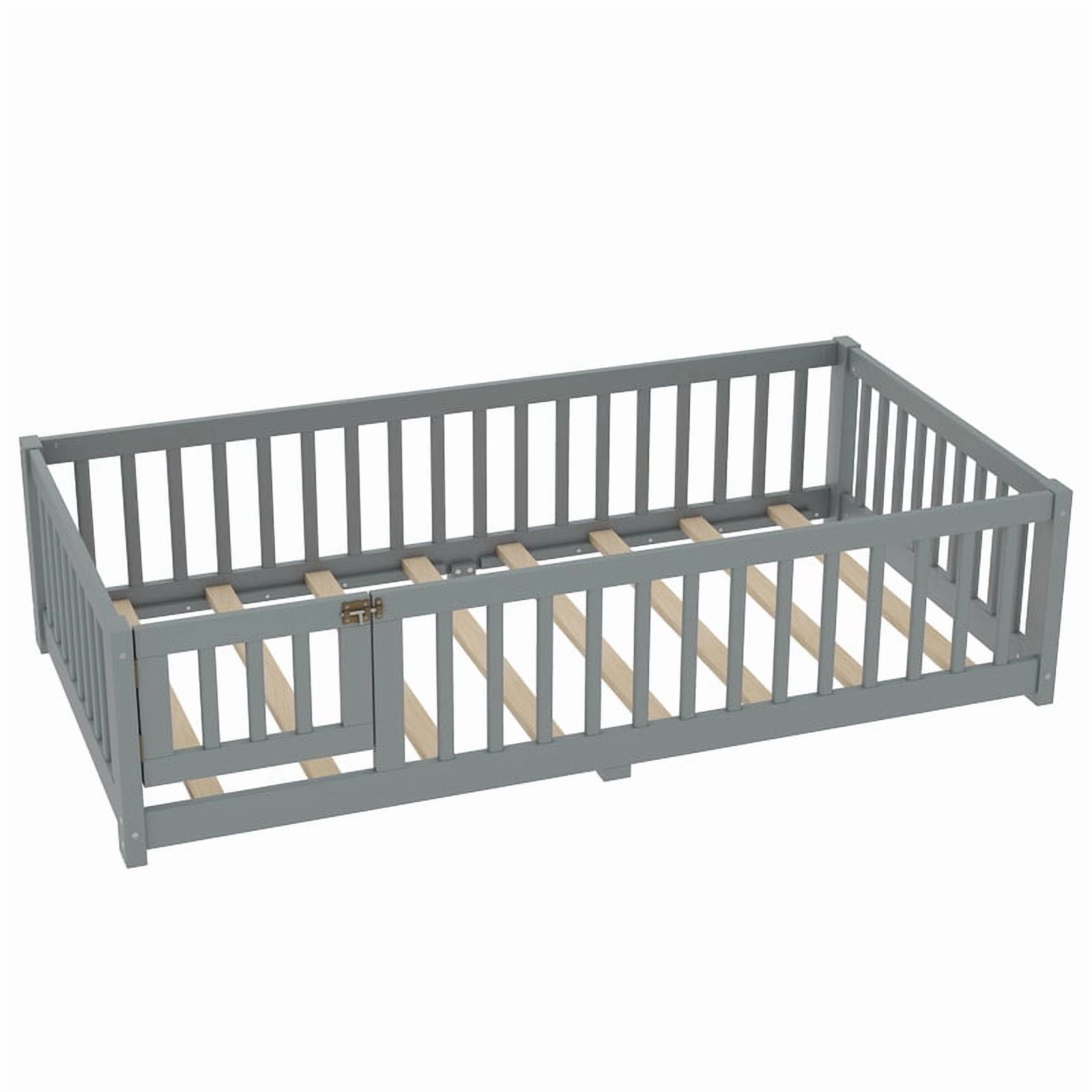 Montessori Bed with Rails, Twin Size Floor Bed with Door & Slats Support, Wood Playhouse Bed with Fence, No Box Spring Needed,Gray