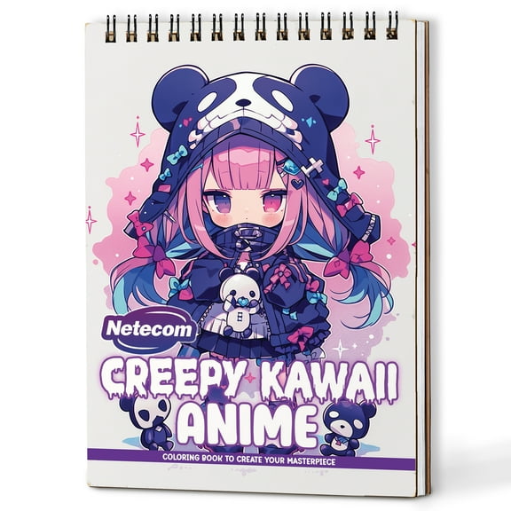 Netecom Creepy Kawaii Anime Coloring Book Spiral Bound for Adults and Anime Fans, A5 Wooden Cover, 30 Eerie Coloring Pages of Adorable Female Anime Characters for Stress Relief and Relaxation