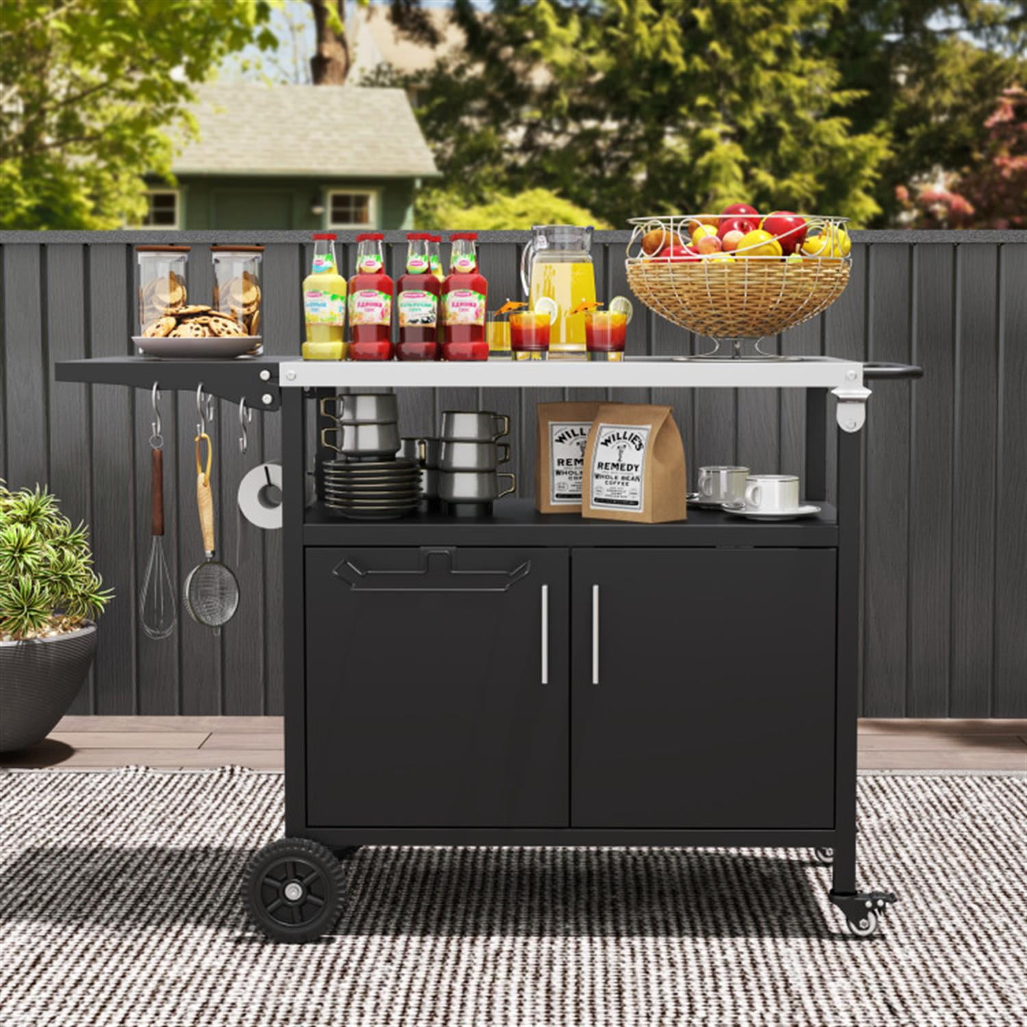 Demi Bonn Outdoor Grill Cart with Storage and Folding Stainless Steel Top for Poolside and Backyard, Black