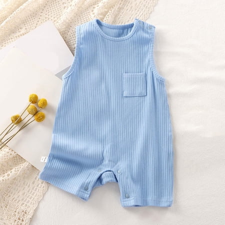 Riecok Baby Infant Toddler Cotton Sleeveless Jumpsuit Bodysuit Romper Solid Color Round Neck Breathable Summer Clothes 3M-2Y Light Blue 6 M