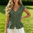 thumbnail image 2 of GERsome Women's Tank Tops V-Neck Pleated Button Down Sleeveless Loose Fit T-Shirts for Summer Casual Army Green Size L, 2 of 9