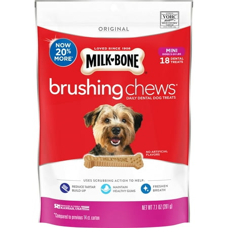 - Milk-Bone Brushing Chews Daily Dental Dog Treats, Mini, 7.1 Oz., 18 Bones Per Bag
