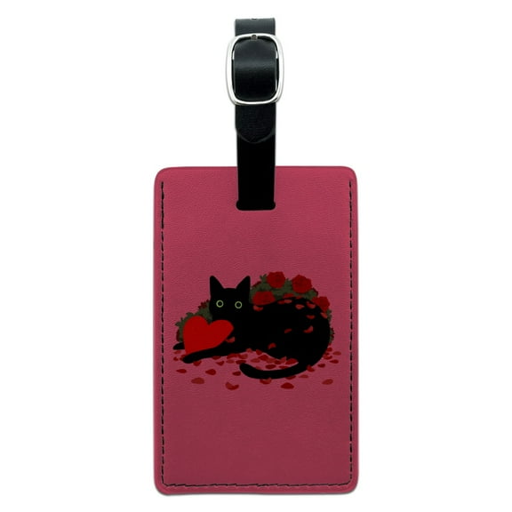 Black Cat Valentines Heart Rose Petals Love Rectangle Leather Luggage Card Suitcase Carry-On ID Tag