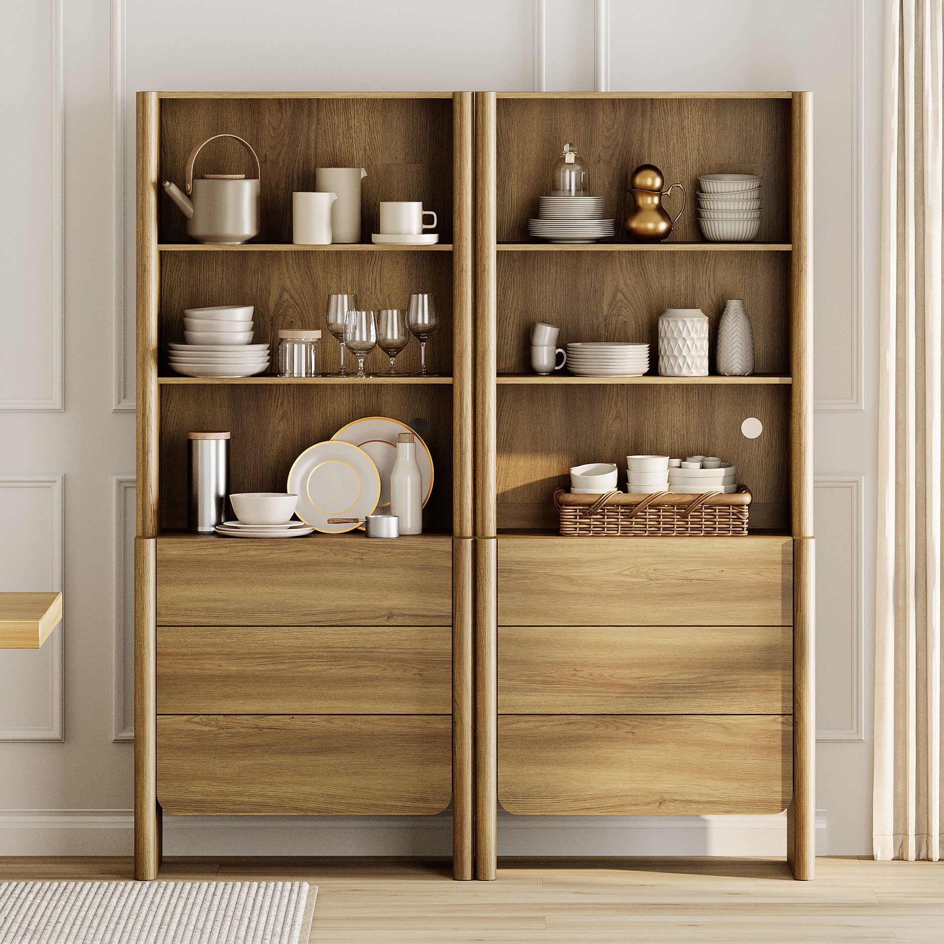63-Inch Modern French Bookcase with Curved Edges, 6 Drawers and Open Shelving, 72.8" Tall, Walnut