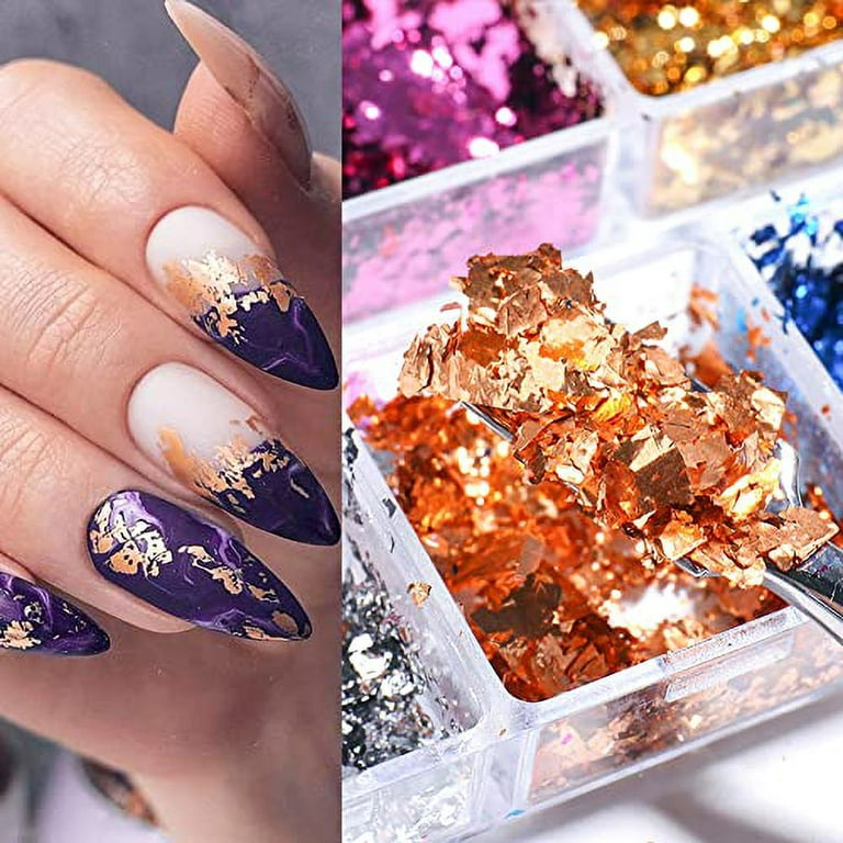 Holographic Nail Art Foil Flakes,Nail Art Supplies 3D Sparkly Aluminum Foil  Flake Sequins Gold Silver Nail Foil Glitter Colorful Designs Stickers