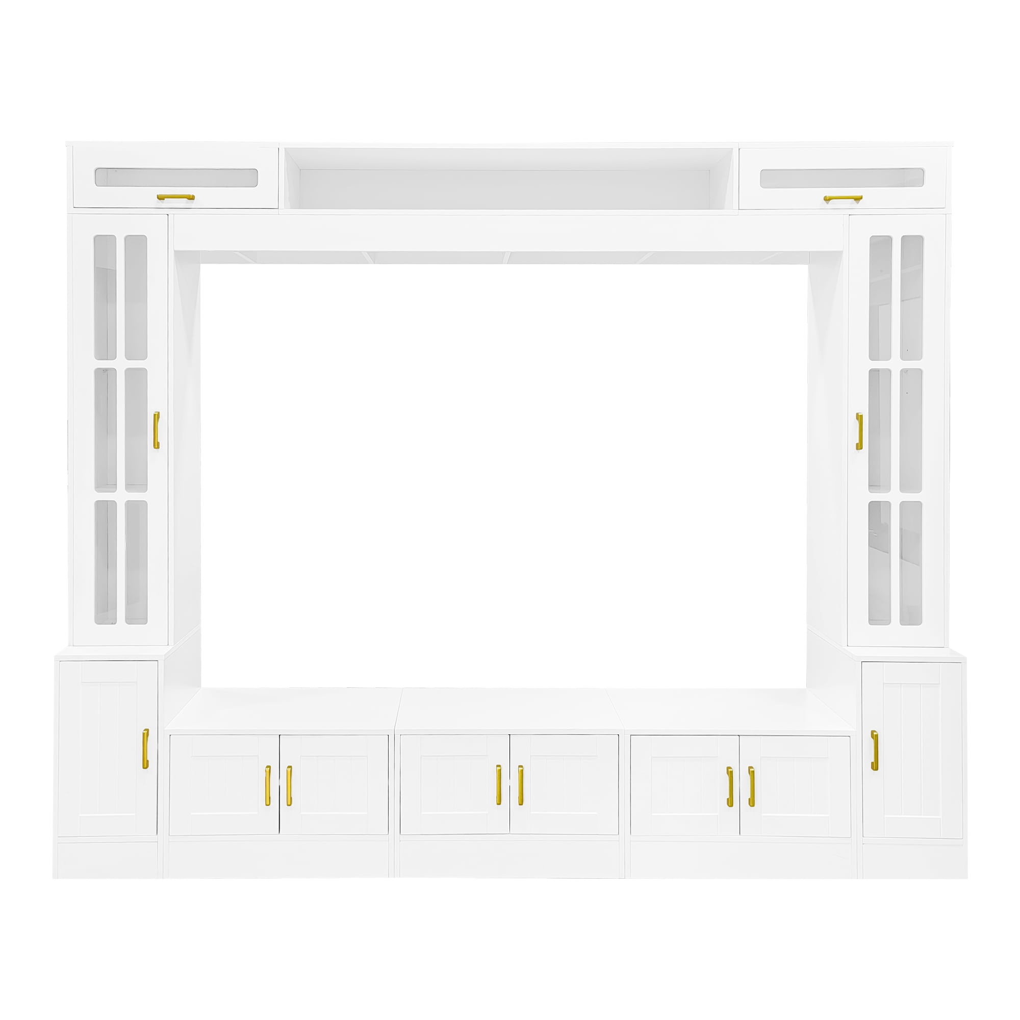 Euroco 98.4" W Wall Unit Entertainment Center with Bookshelves for TVs up to 80", Modern TV Stand Media Console with Cabinets, Tempered Glass Doors and Adjustable Shelves for Living Room