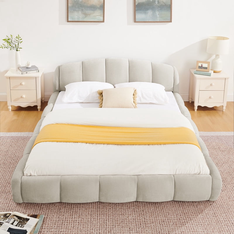 Queen/King Size Upholstered Platform Bed Frame, No Box Spring Required Low Profile Floor Bed with Padded Headboard & Footboard