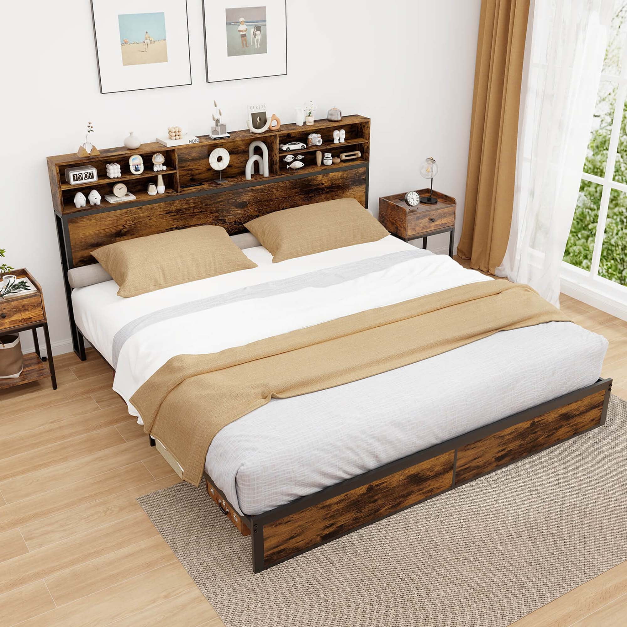 Costway King Bed Frame with Charging Station Storage Headboard Under-bed Storage Space