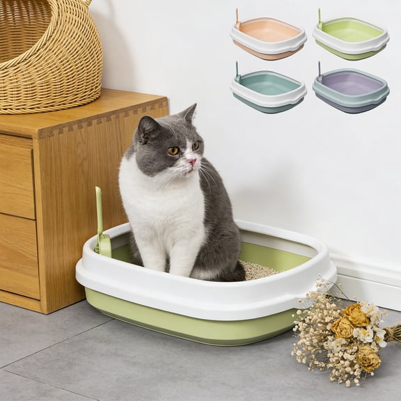 AYktou Open Cat Litter Box with Elevated Side, Open Removable Cats Litter Pan with Spoon Filter, Anti-Splashing Kitten Toilet Easy Cleaning Non-Scratch Leak Proof Cat Box Odor Control