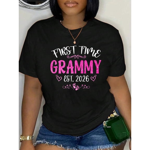 100% Cotton First time Grammy Est 2026 Soon To Be Mom Mother's day T-Shirt Print Round Neck Cotton T-Shirt, Summer Women's Tops, gift