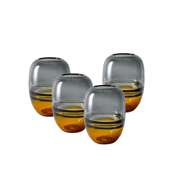 Hand-Blown Glass Vases, Sculptural Shape, Smoky Grey and Amber, Pack of 4