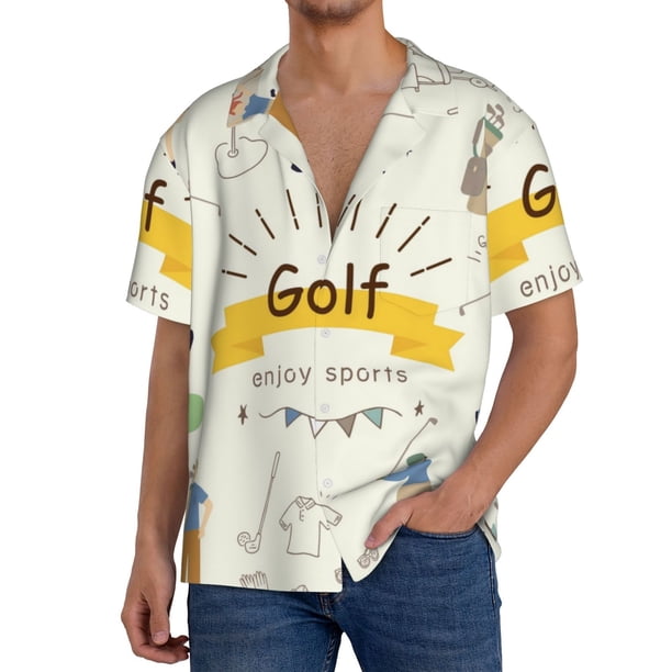 Balery Golf Icons And Golfer Camisa Casual de Manga Corta con Botones para Hombre, Texturizada, Estilo Cubano, para Playa, Verano-3X-Large