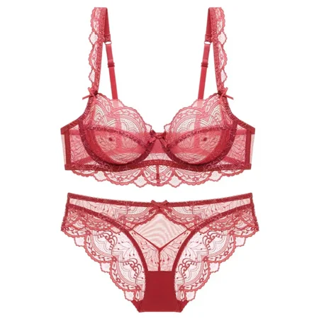 XiaoBanDeng Sexy lingerie for women  ultra-thin hollow  sponge free  transparent lace lingerie  large chest and small size bra set