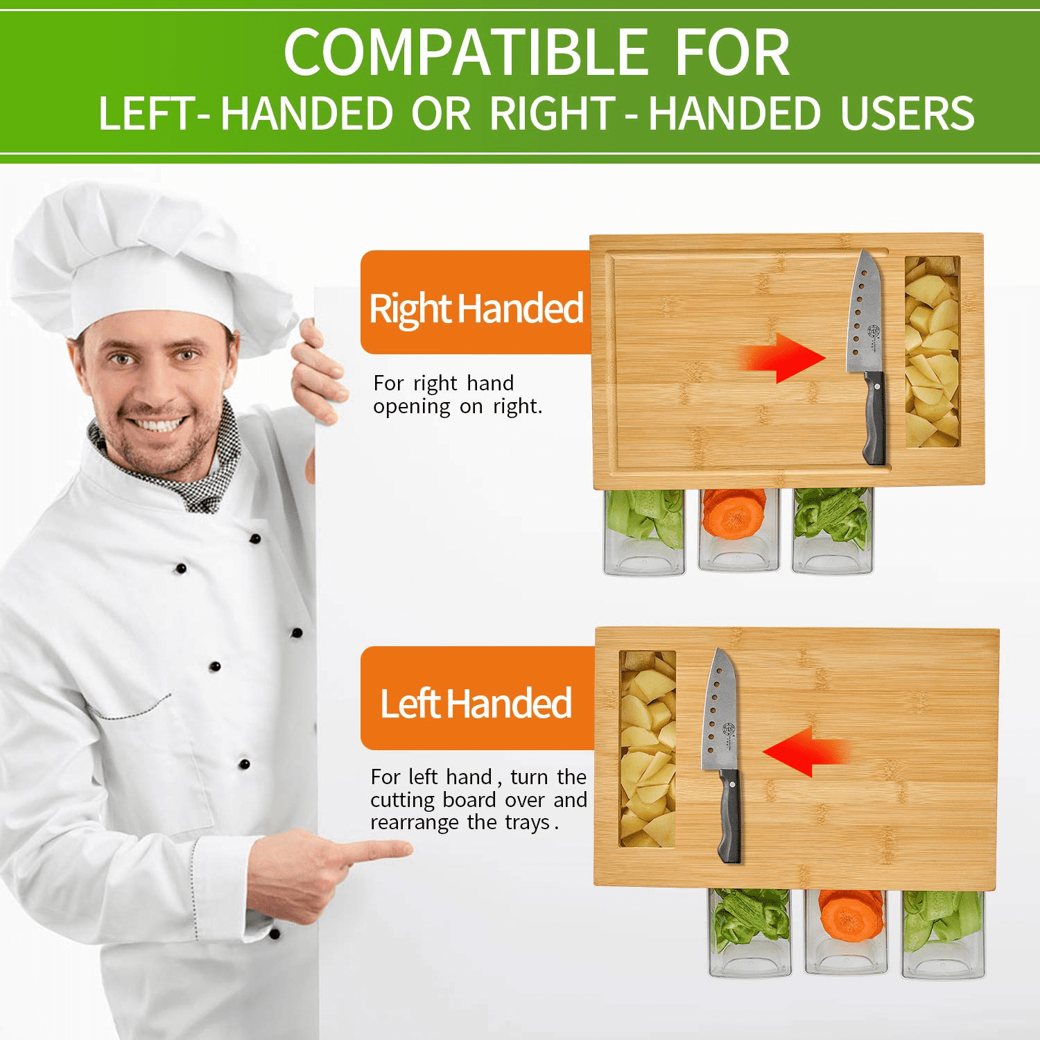 Bamboo Cutting Board with 4 Containers, Large Chopping Board with Juice  Grooves, Easy-grip Handles & Food Sliding Opening, Carving Board with Trays