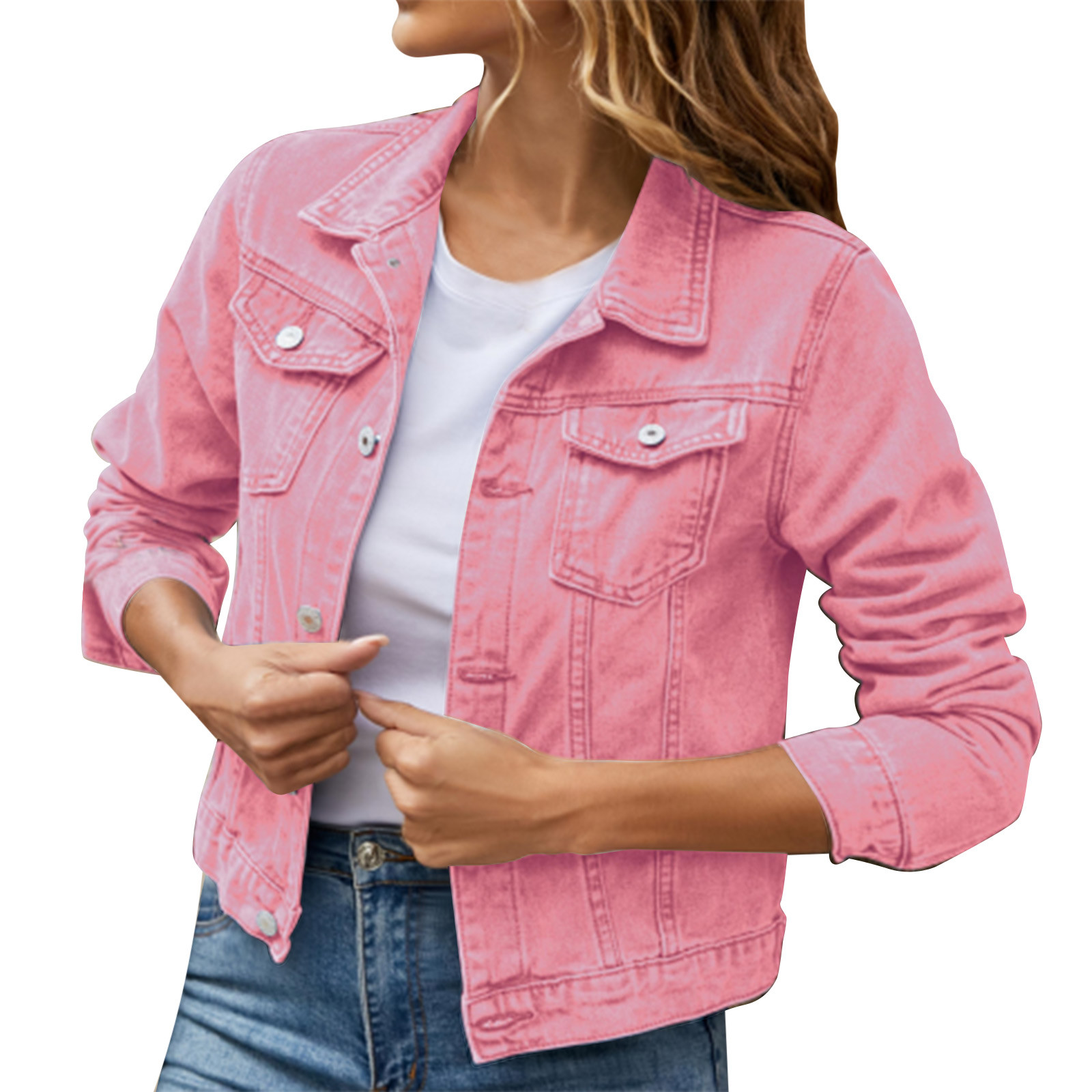 iOPQO womens sweaters Women's Basic Solid Color Button Down Denim Cotton Jacket With Pockets Denim Jacket Coat Women's Denim Jackets Pink S - image 3 of 9