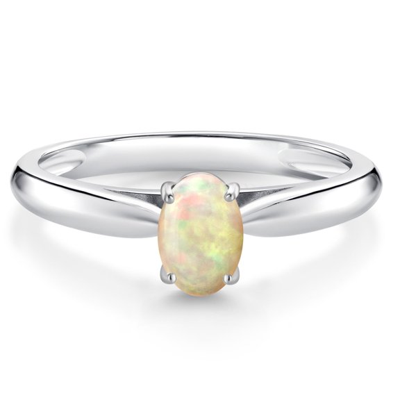 Gem Stone King 0.32 Ct Oval Cabochon White Ethiopian Opal 10K White Gold Solitaire Engagement Ring