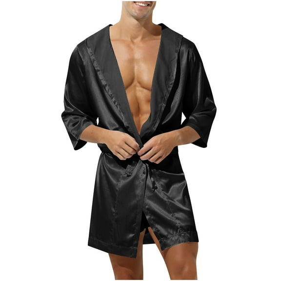 NoxwB Men's Belted Satin Robe Silky Bathrobe Hooded Nightgown Black L