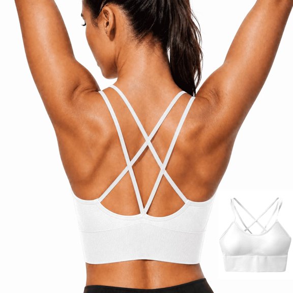 Cyglowse Sports Bra for Women V-Neck Strappy Criss Cross Yoga Bra Padded Medium Support Workout Gym Athletic Fitness Bras White 38
