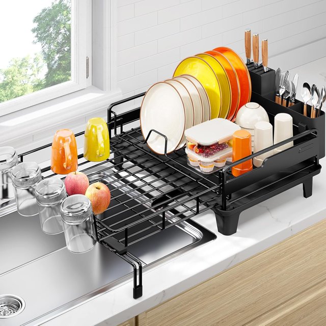 Este extensible para secar platos, este multifunción para encimera de cocina, escurridor de platos expandible sobre fregadero, colador de platos grande con soporte para tazas, 1 nivel