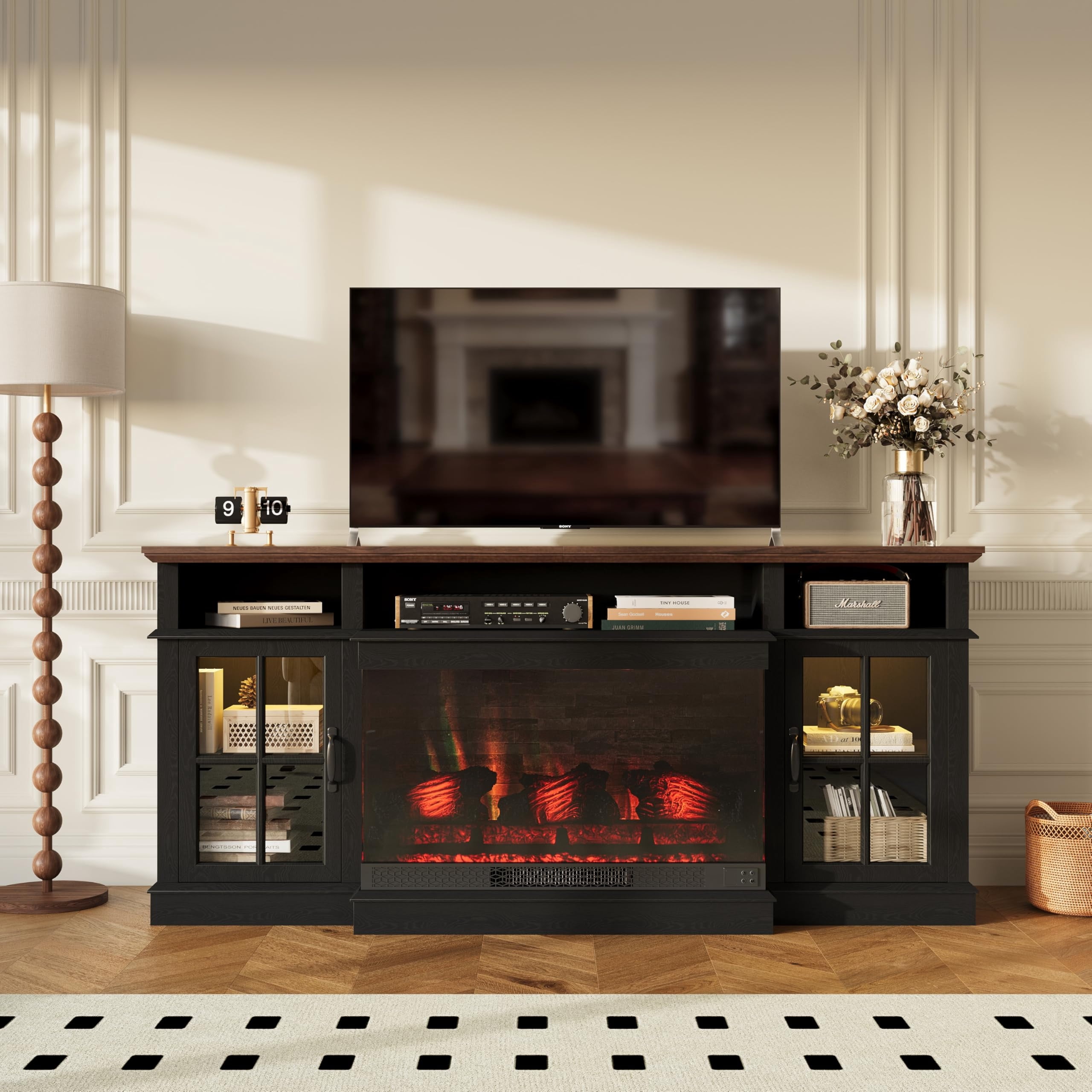 Sonegra 36 Inch Fireplace TV Stand with LED Light, Entertainment Center with 3-Sided Glass Fireplace for TVs up to 80", TV Console, Black