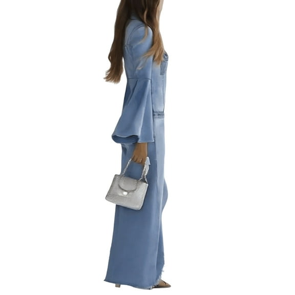 Women'S Denim Jumpsuit Romper Long Bell Sleeve Button Down One-Piece Pants Outfit Light Blue S