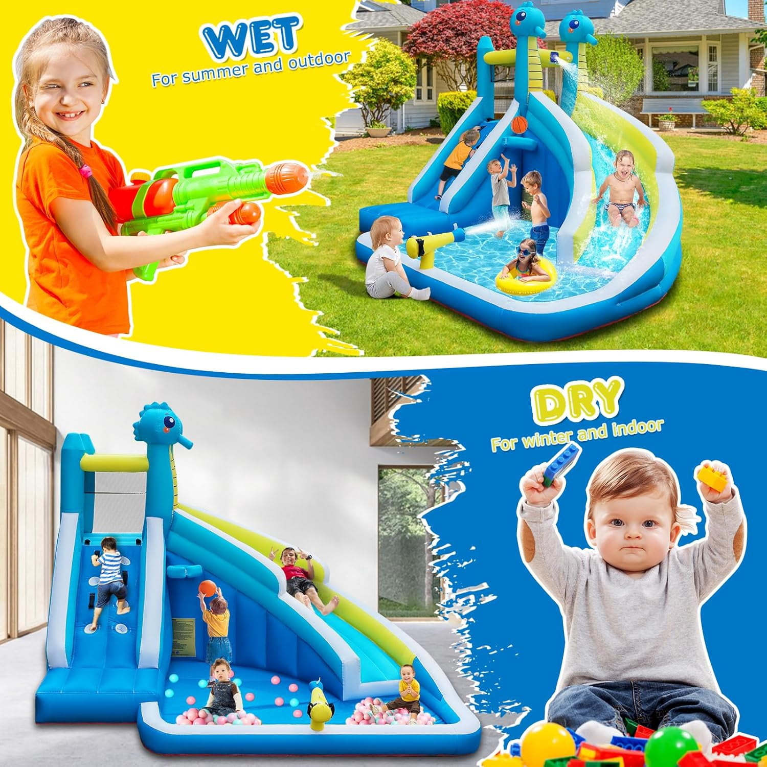 HEMOPOW 5-in-1 Inflatable Splash Park, Seahorse Water Slide with Climbing Wall, Water Cannon, Hoop & Blower for Indoor/Outdoor Backyard Fun, Ages 3+