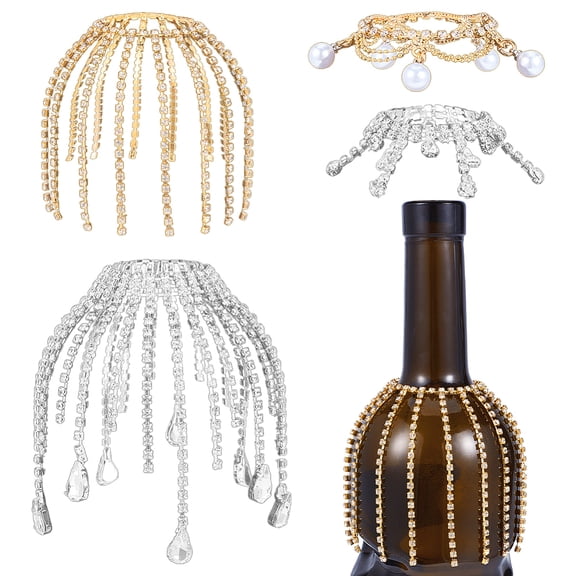 4Pcs Wine Bottle Cover Fringe 4.7 Inch Rhinestone Wine Bottle Tassel Brass Bottles Cover Veil Champagne Bottles Decorative Fringe