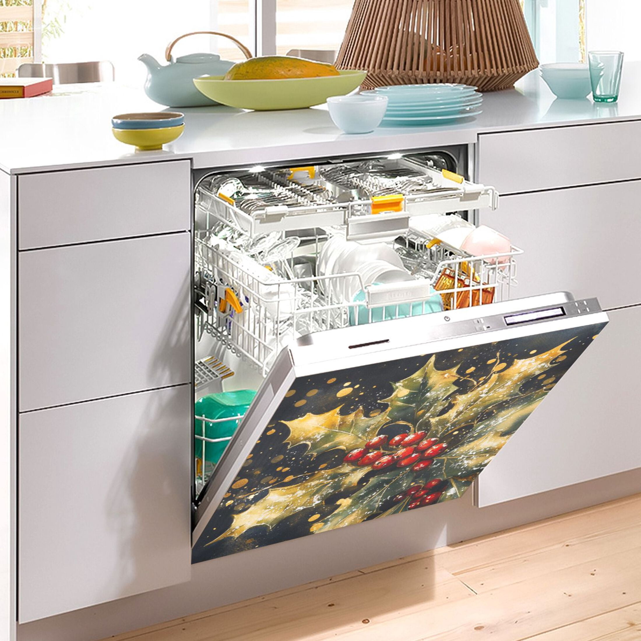 Dishwasher Magnetic Sticker 23x26 Inch Refrigerator Magnetic Sticker Washing Machine Magnetic Sticker Kitchen Panel Magnetic Sticker Home Decor Pretty Holly and Mistletoe