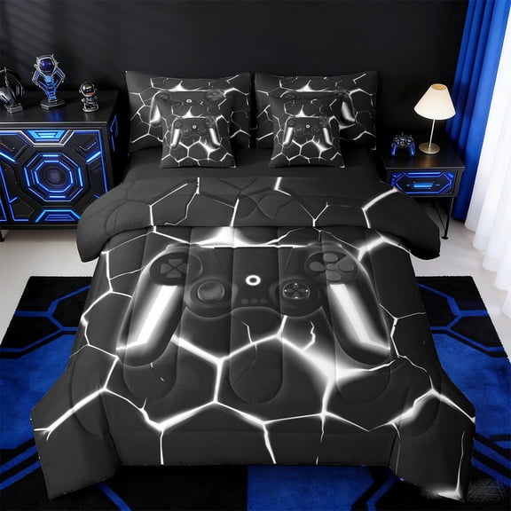 jejeloiu Silver Game Console Twin Bedding Sets 7-Piece,Gamer Gaming Bedding Comforter Set,Modern Geometric Honeycomb Sheet Sets For Boys Kids,Breathable Bedroom Decorative Reversible