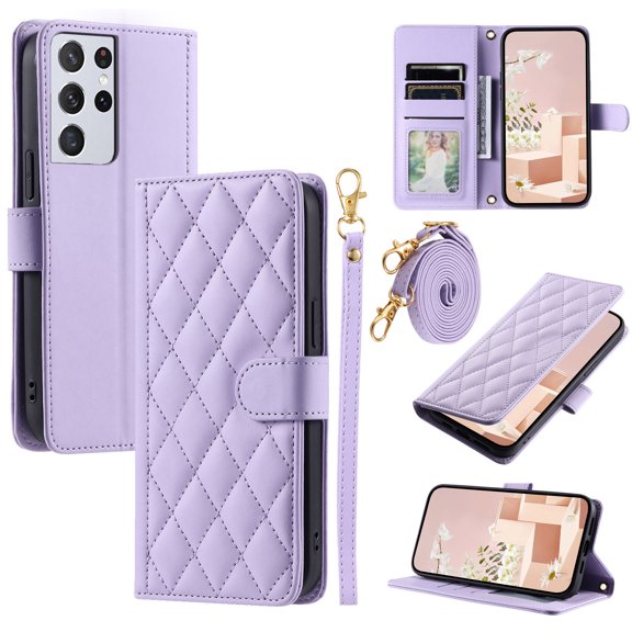 for Samsung Gaalxy S21 Ultra Wallet Case, Elegant PU Leather Shoulder Strap & Wrist Strap Kickstand Card Slots Magnetic Closure Full Body Protection Phone Case for Samsung Gaalxy S21 Ultra, Purple